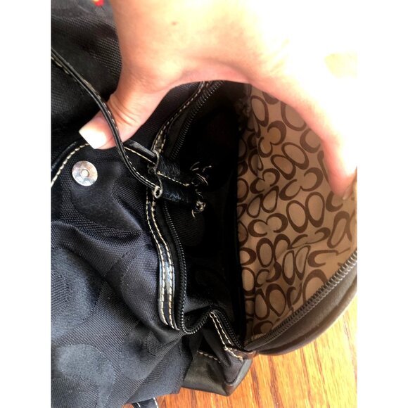 WOMENS BLACK CANVAS & NYLON BACKPACK INSIDE/OUTTER POCKETS, DRAW STRING CLOSURE - Picture 7 of 13